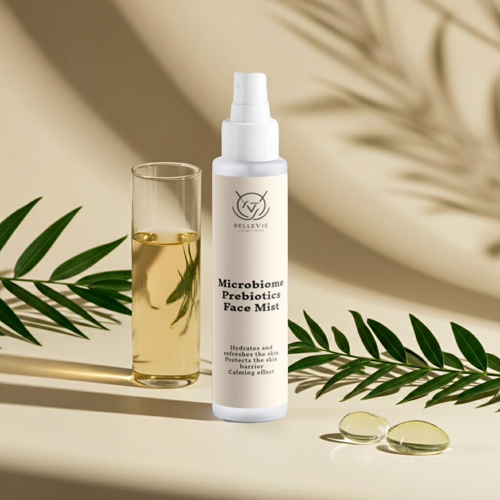 Bellevie Microbiome Prebiotics Face Mist bottle with a glass of liquid and green leaves on a beige background