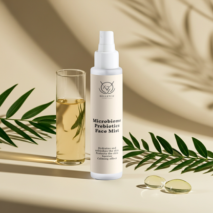 Bellevie Microbiome Prebiotics Face Mist bottle with a glass of liquid and green leaves on a beige background