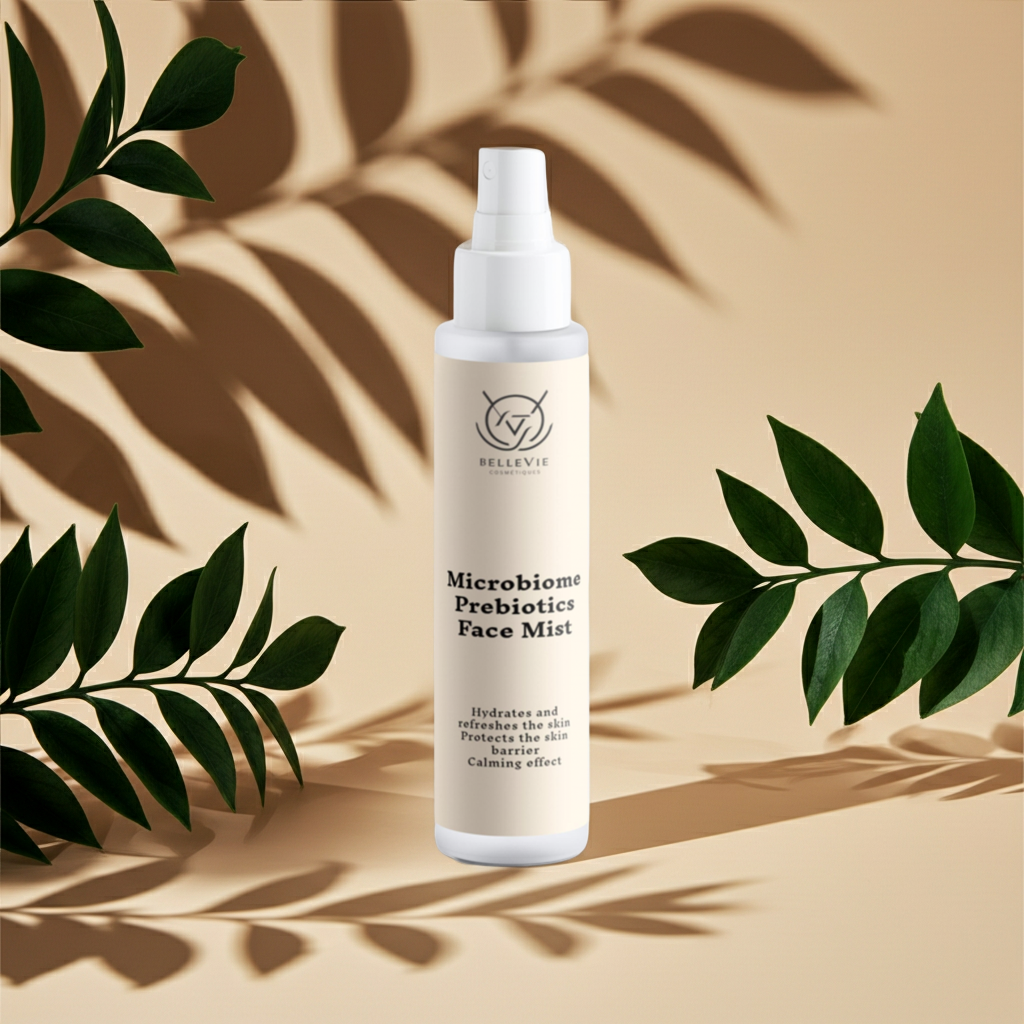 Bottle of Microbiome Prebiotics Face Mist with green leaves on a beige background