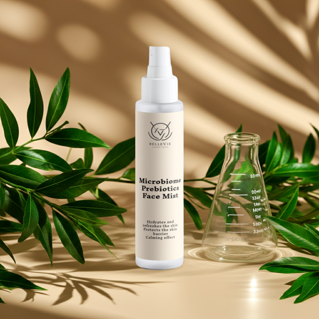 Bellevie Microbiome Prebiotics Face Mist bottle with green leaves and a beaker on a beige background