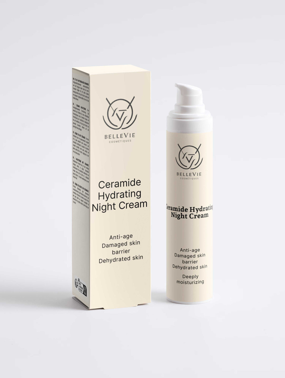 Ceramide Hydrating Night Cream in a white pump bottle with a matching cream-coloured box and black text.