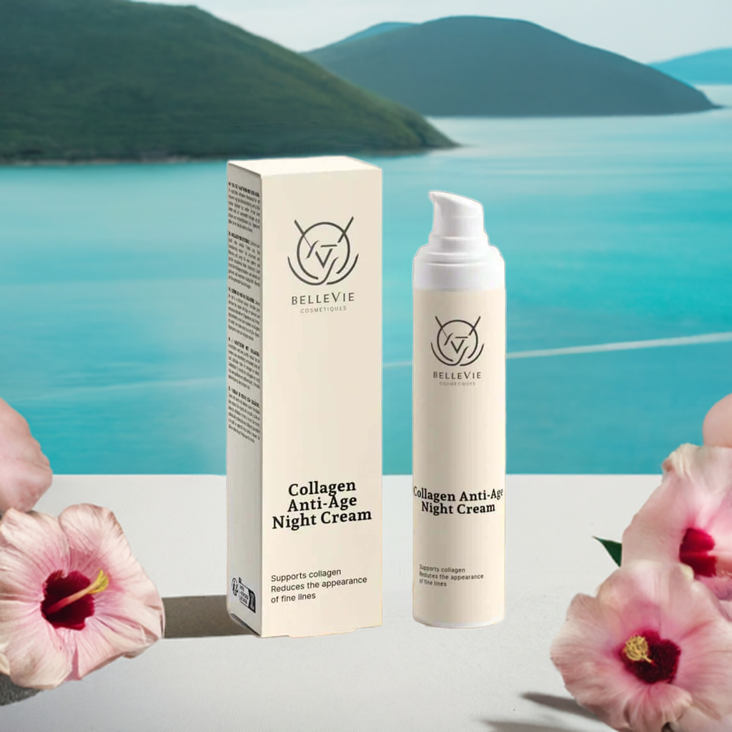 A pump bottle of Collagen Anti-Age Night Cream 50ml next to its packaging box, with a scenic view in the background and flowers in the foreground.