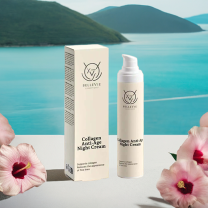 A pump bottle of Collagen Anti-Age Night Cream 50ml next to its packaging box, with a scenic view in the background and flowers in the foreground.