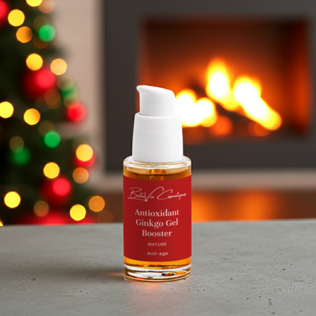 Bottle of Antioxidant Ginkgo Gel Booster with Christmas tree and fireplace in the background