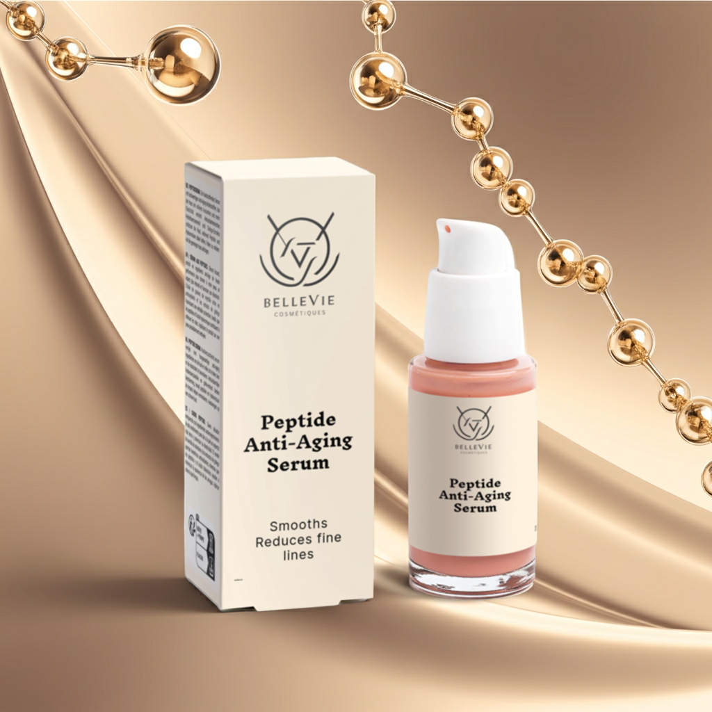 Bellevie Peptide Anti-Aging Serum with packaging on a gold fabric background