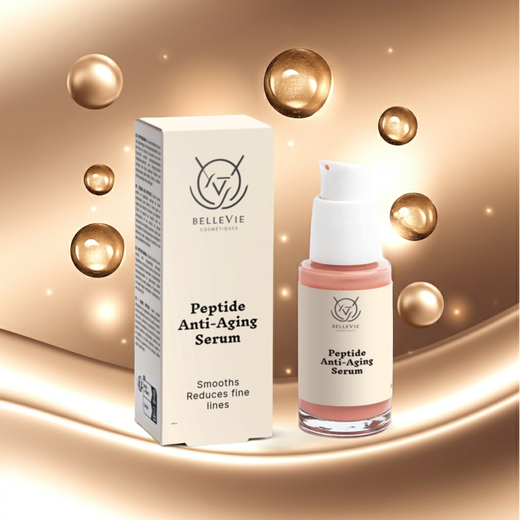 Bellevie Peptide Anti-Aging Serum with packaging on a warm-toned background