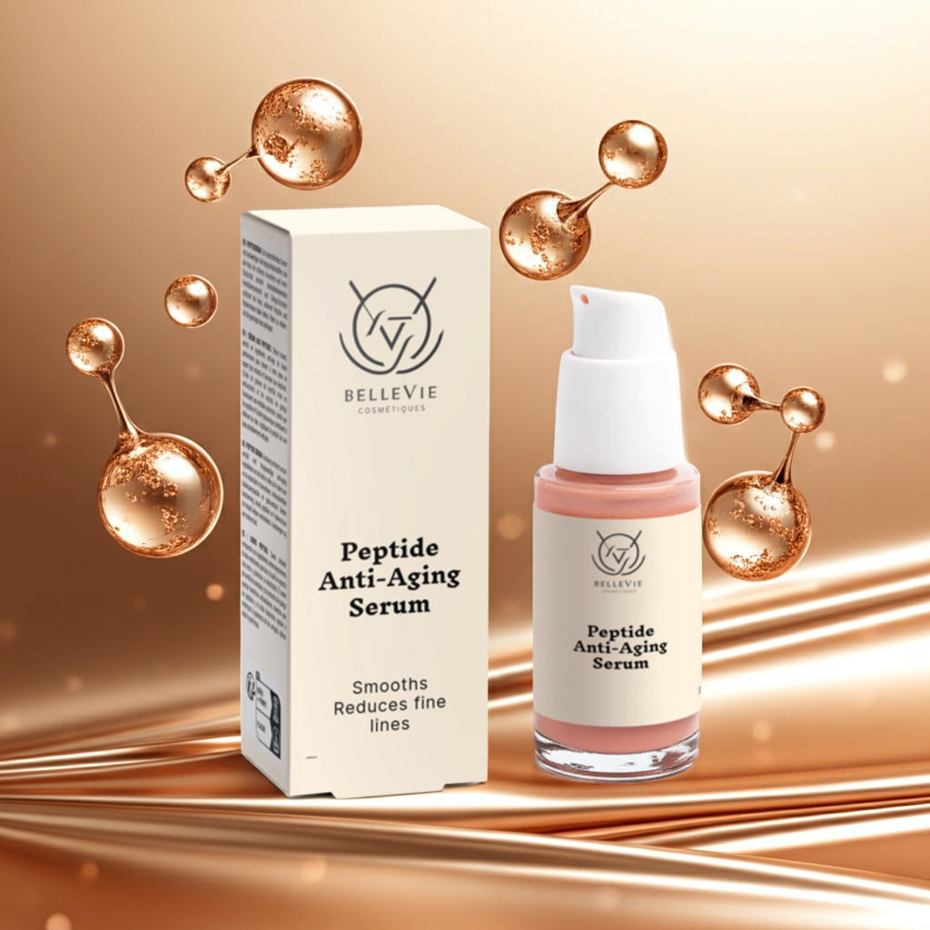 Bellevie Peptide Anti-Aging Serum with packaging on a gold background