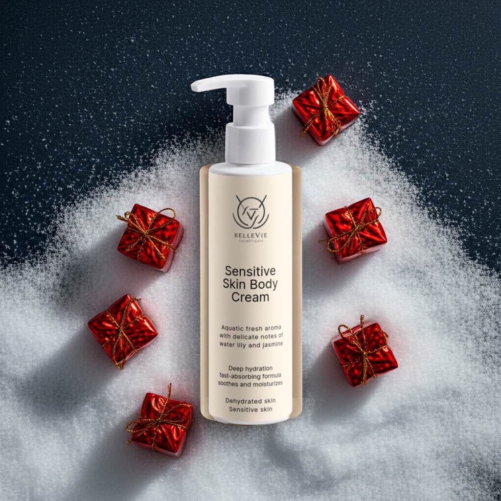 Sensitive Skin Body Cream with red gift boxes on a dark background