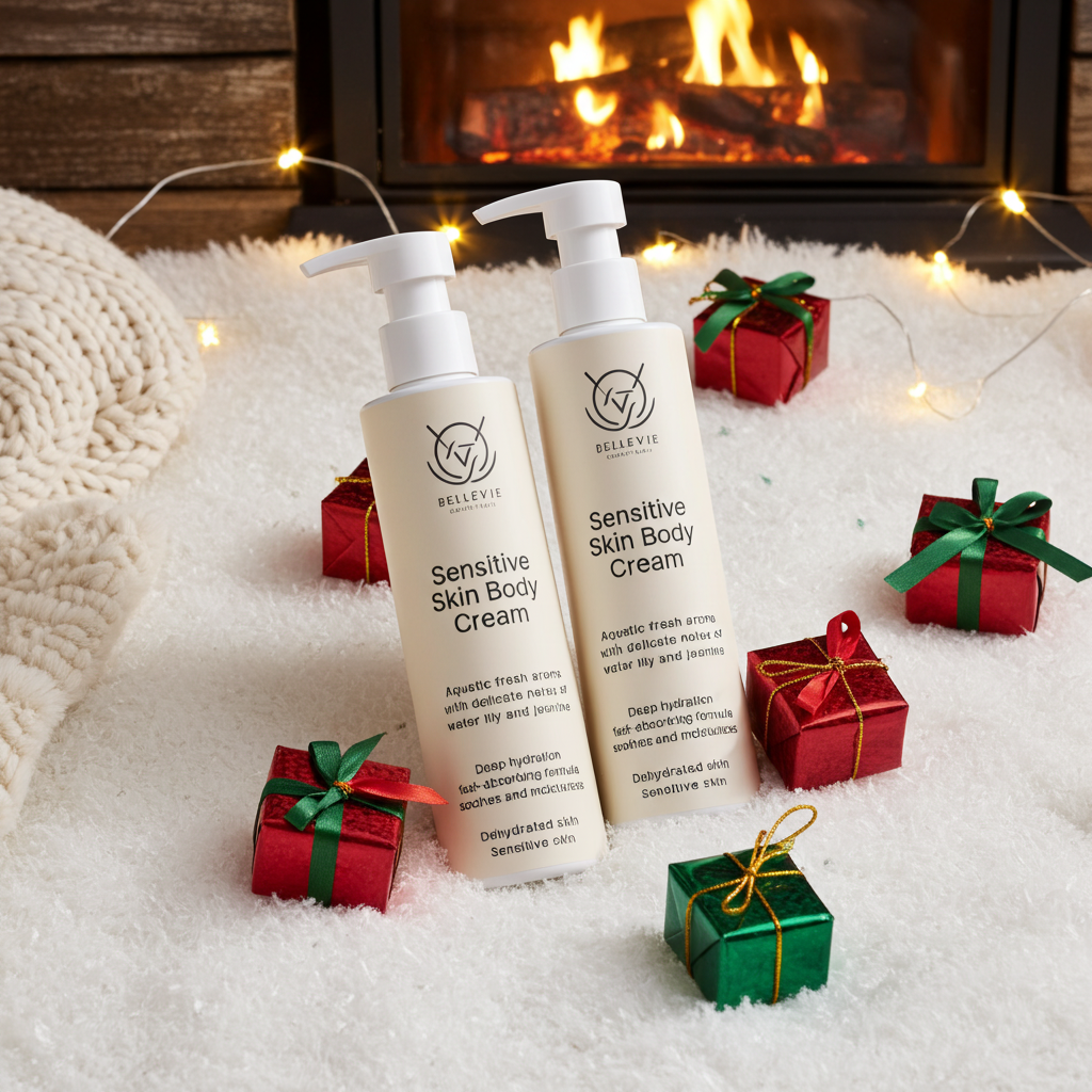 Two bottles of sensitive skin body cream with Christmas presents on a cozy blanket in front of a fireplace.
