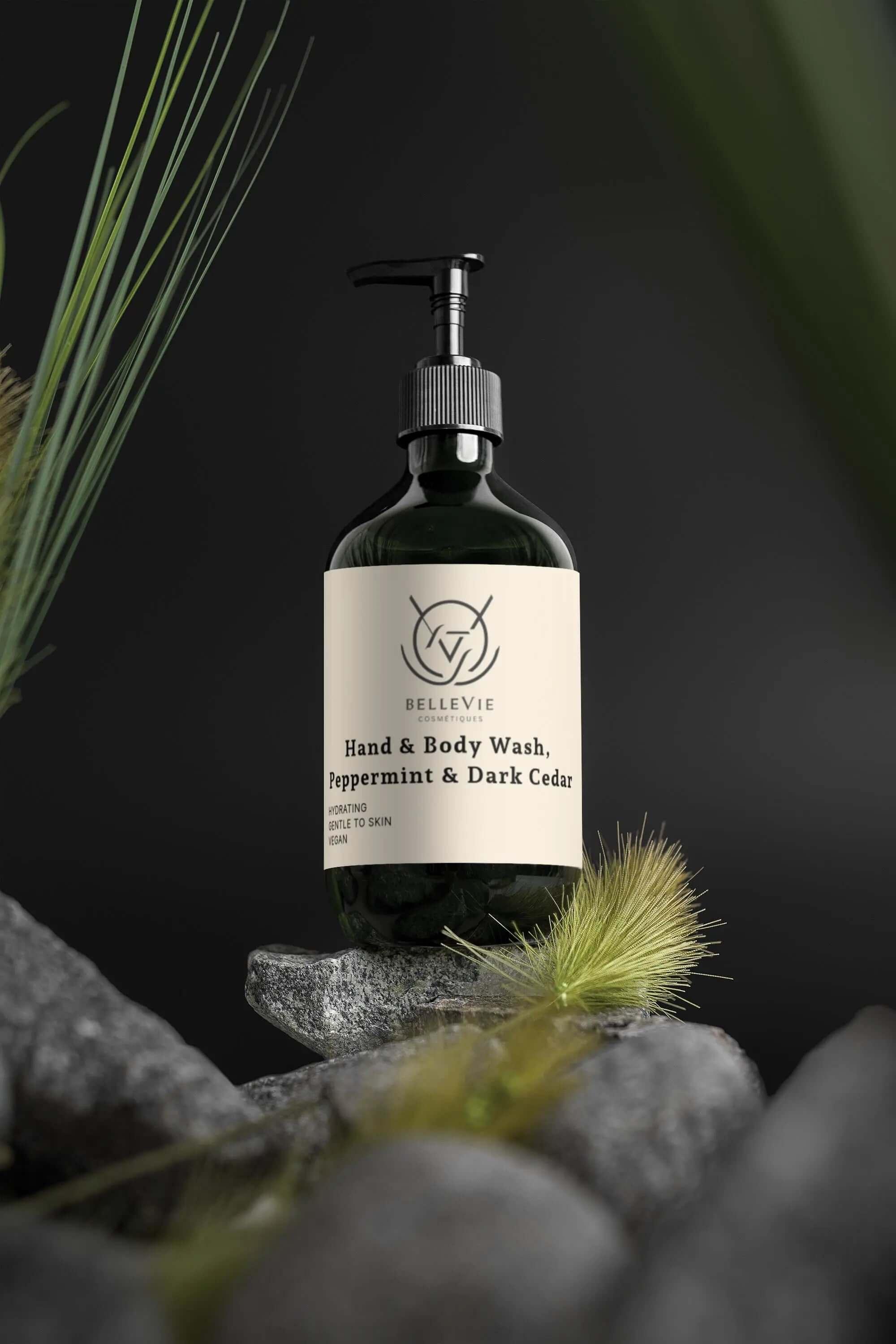 Peppermint & Dark Cedar Hand & Body Wash 490ml – Belle Vie’s invigorating wash with refreshing peppermint fragrance