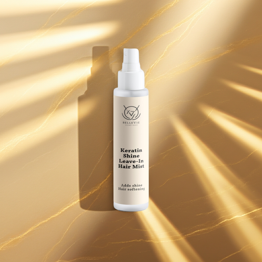 Keratin Shine Leave-In Hair Mist bottle on a gold background