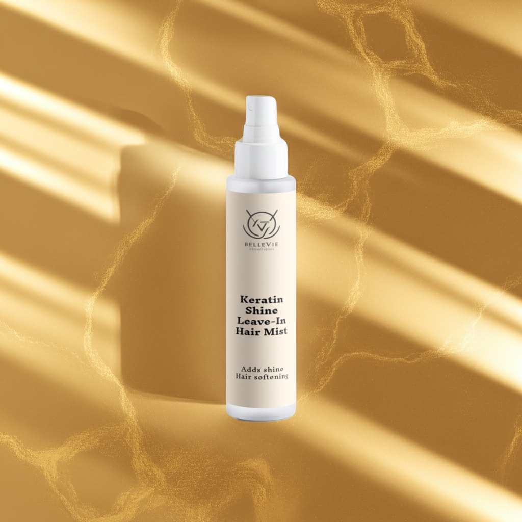 Keratin Shine Leave-In Hair Mist bottle on a gold textured background