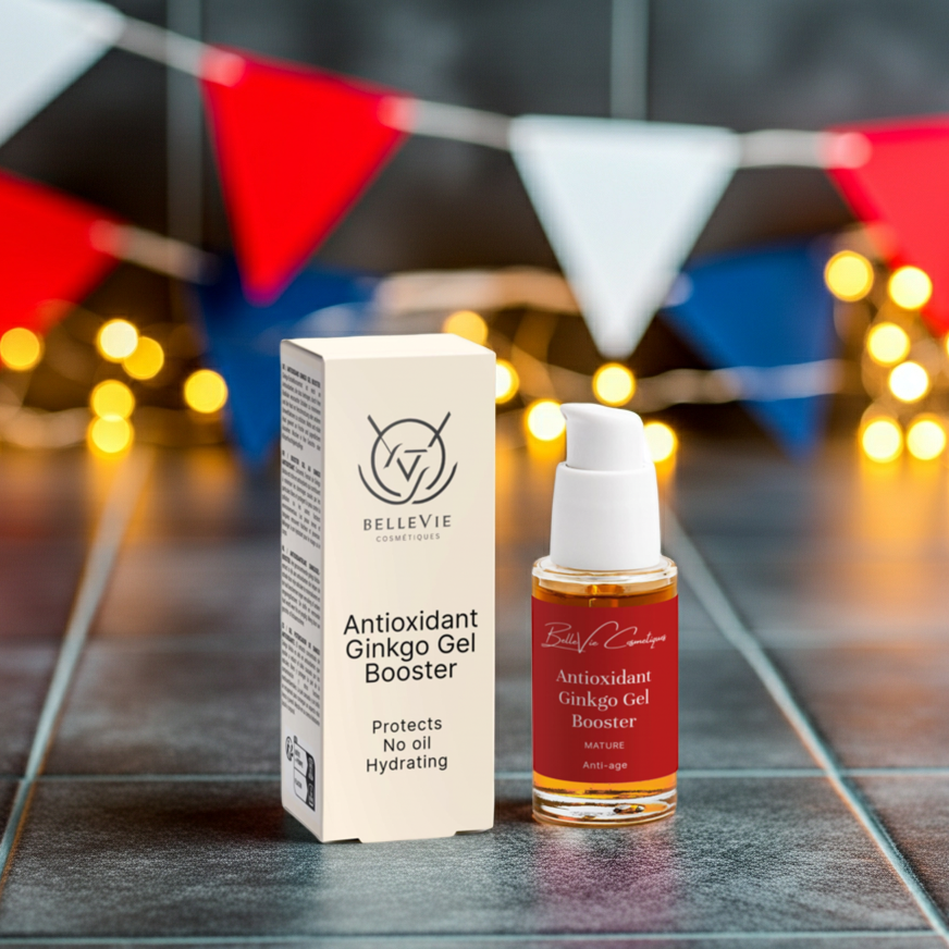 Antioxidant Ginkgo Gel Booster 30ml bottle and packaging on a reflective surface with blurred lights in the background