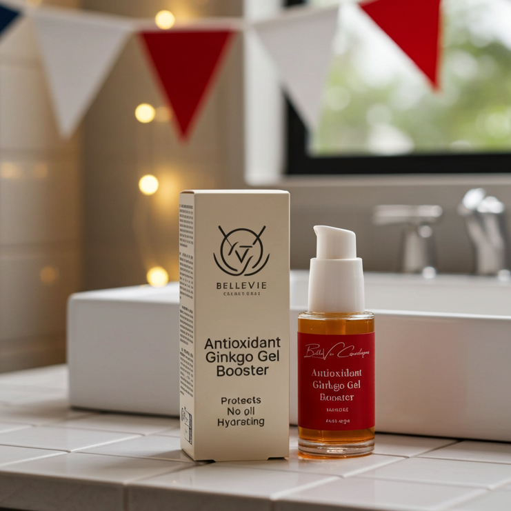 Bellevie Antioxidant Ginkgo Gel Booster bottle and box on a bathroom counter with blurred background