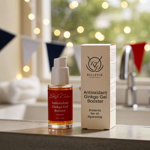 Antioxidant Ginkgo Gel Booster 30ml bottle and packaging on a surface with blurred lights in the background