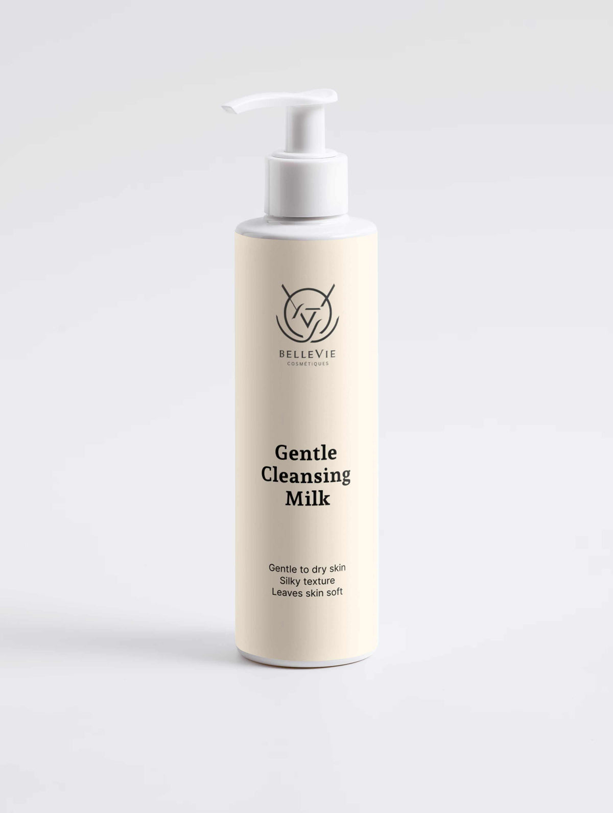 Gentle Cleansing Milk 200ml in a tall ivory bottle with a white pump dispenser and black printed lettering.