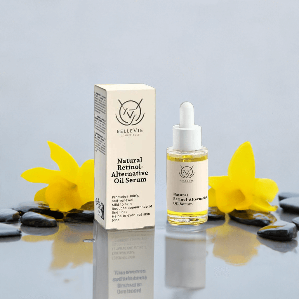 Bellevie Natural Retinol Alternative Oil Serum with packaging on a reflective surface with stones and flowers.