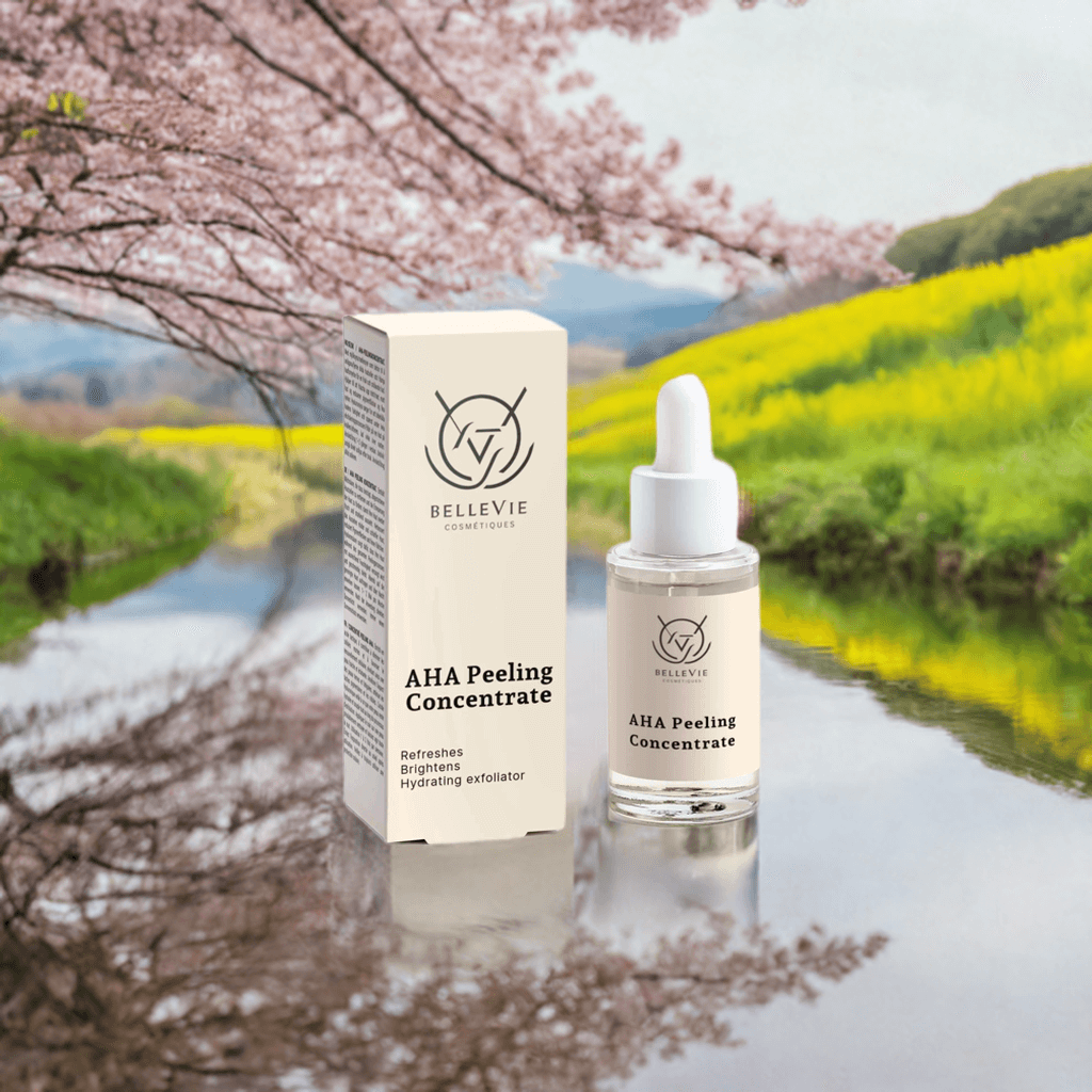 AHA Peeling Concentrate bottle and box with a scenic background of cherry blossoms and a river.