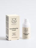 Bellevie Skincare Smoothing Eye Cream shown with its beige packaging box and a white pump bottle on a clean, light gray studio background.