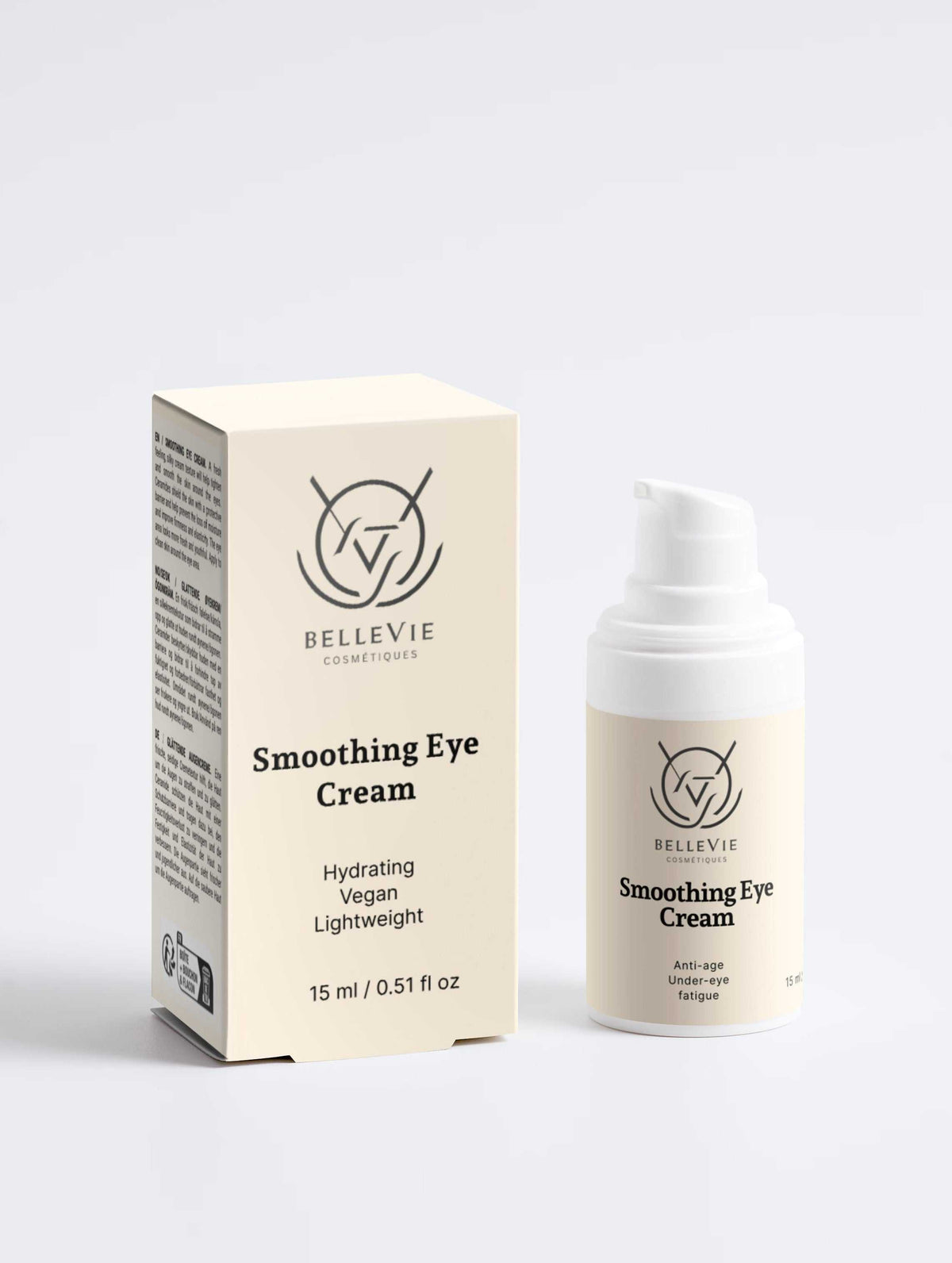 Smoothing Eye Cream 15ml in a white pump bottle with matching cream carton, featuring black text and logo.