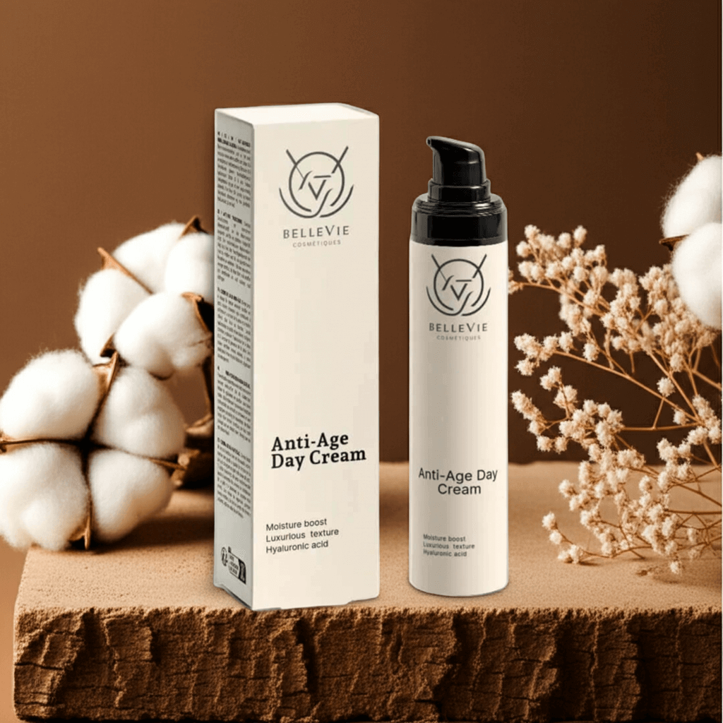 Anti-age day cream with packaging on a wooden surface with cotton and flowers.