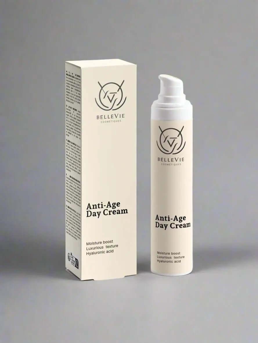 A pump bottle of Anti-Age Day Cream Moisturizer next to its packaging box, both with the brand's logo and product name.