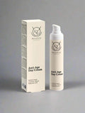 A pump bottle of Anti-Age Day Cream Moisturizer next to its packaging box, both with the brand's logo and product name.