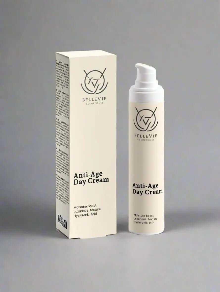 Anti-Age Day Cream in a cream-colored pump bottle and matching box, with minimalist black lettering and logo.