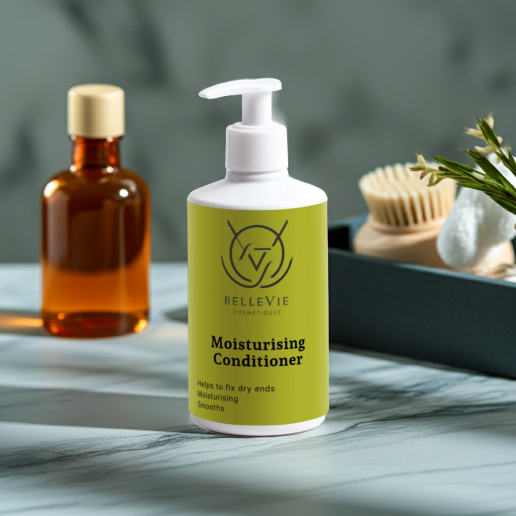 Hydrating conditioner bottle on clean minimal background for dry and damaged hair