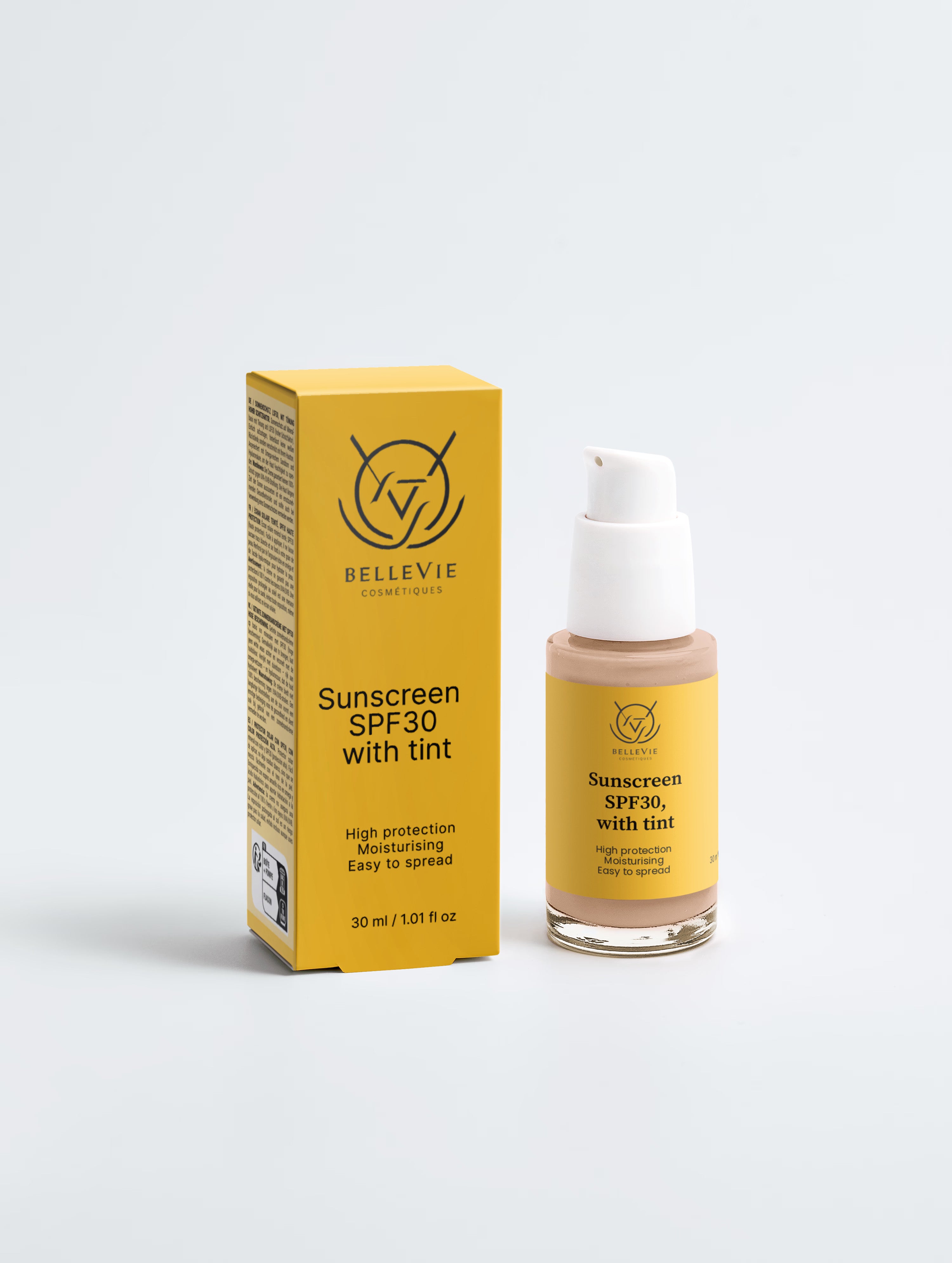Sunscreen bottle and packaging with 'Bellevie' logo on a white background
