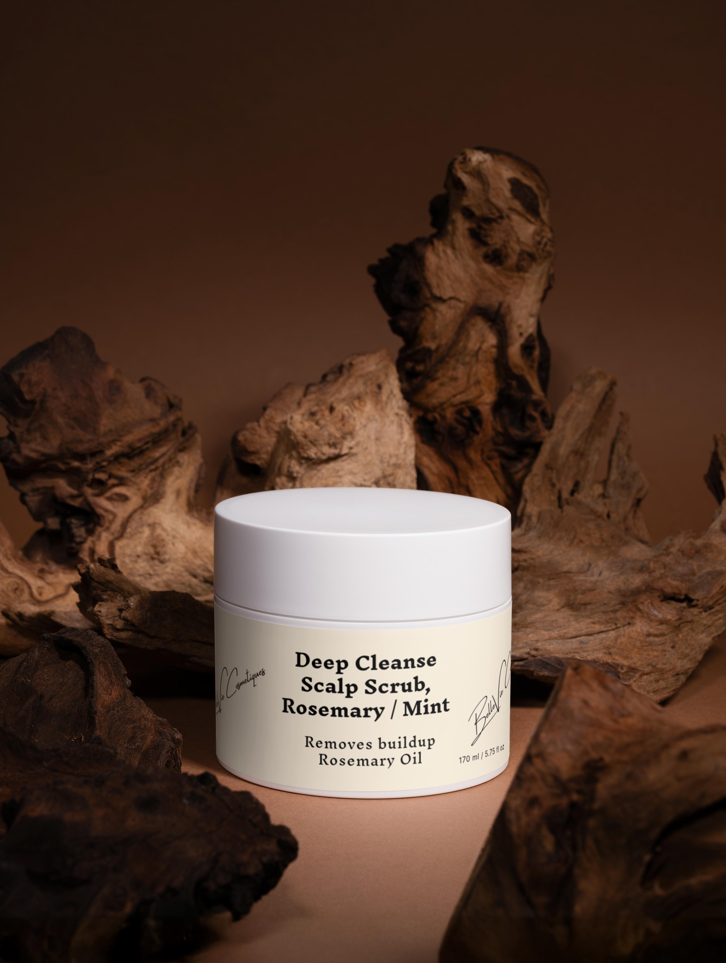 Jar of Deep Cleanse Scalp Scrub with Rosemary and Mint on a brown background