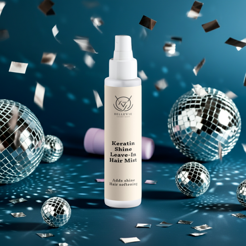 Keratin Shine Leave-In Hair Mist bottle with disco balls and confetti on a blue background