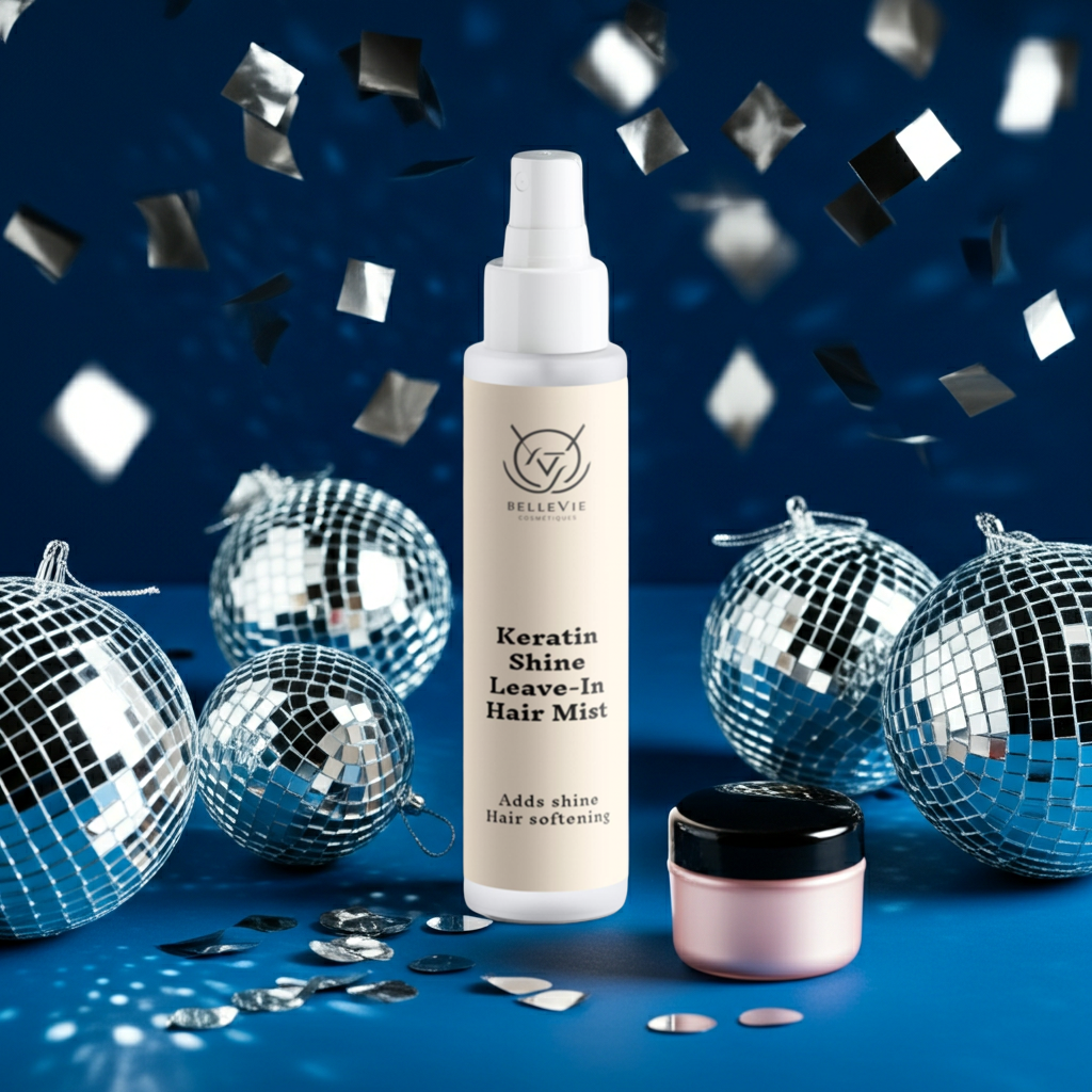 Keratin Shine Leave-In Hair Mist bottle with disco balls and confetti on a blue background