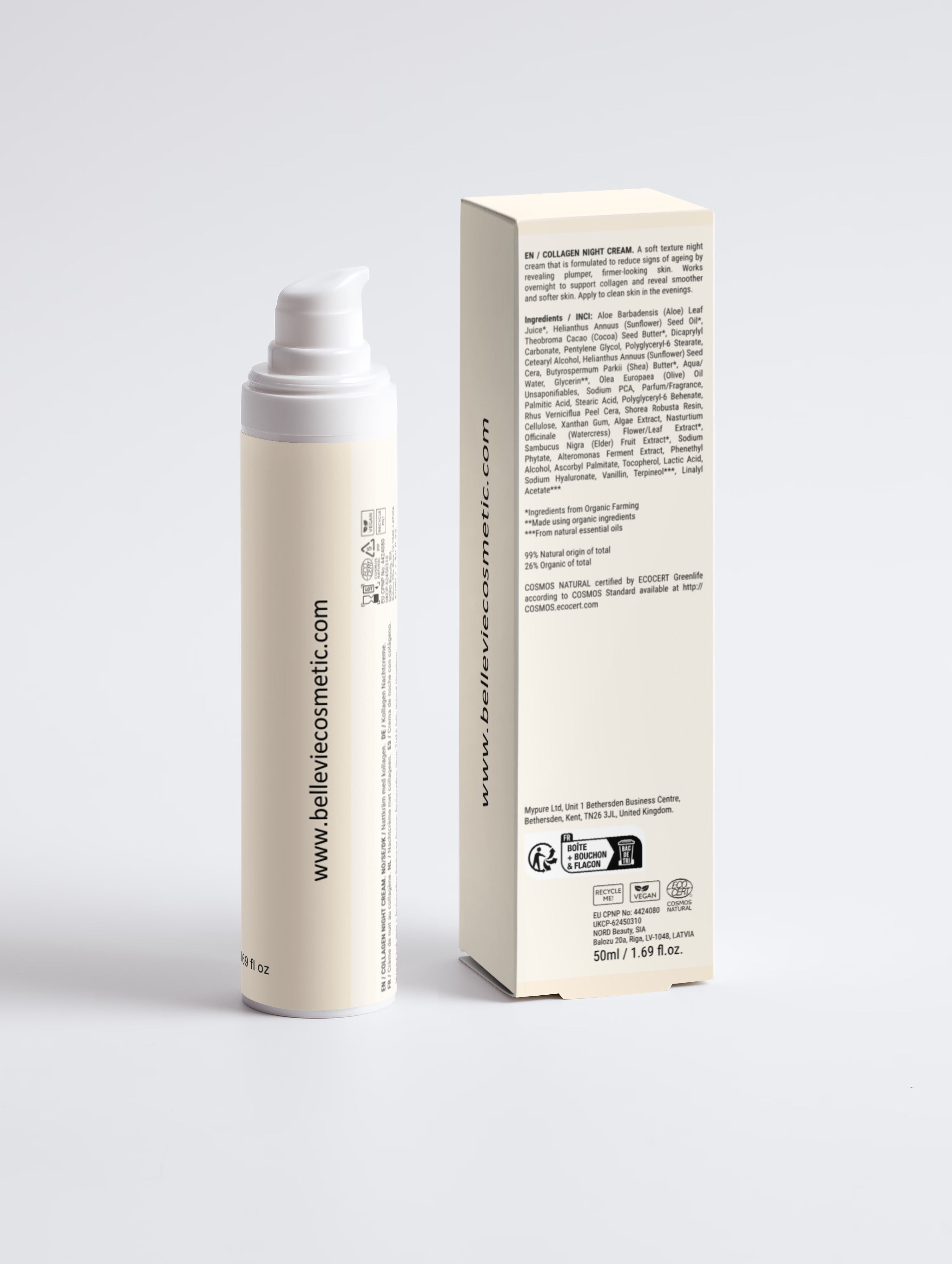 A beige cosmetic pump bottle with a white pump and a matching beige product box, both printed with the website www.bellevecosmetic.