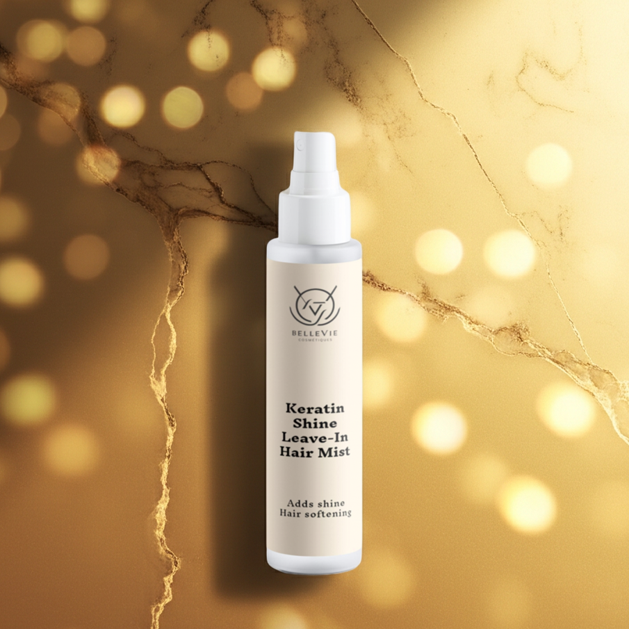 Keratin Shine Leave-In Hair Mist 100ml bottle on a gold marble background with bokeh lights