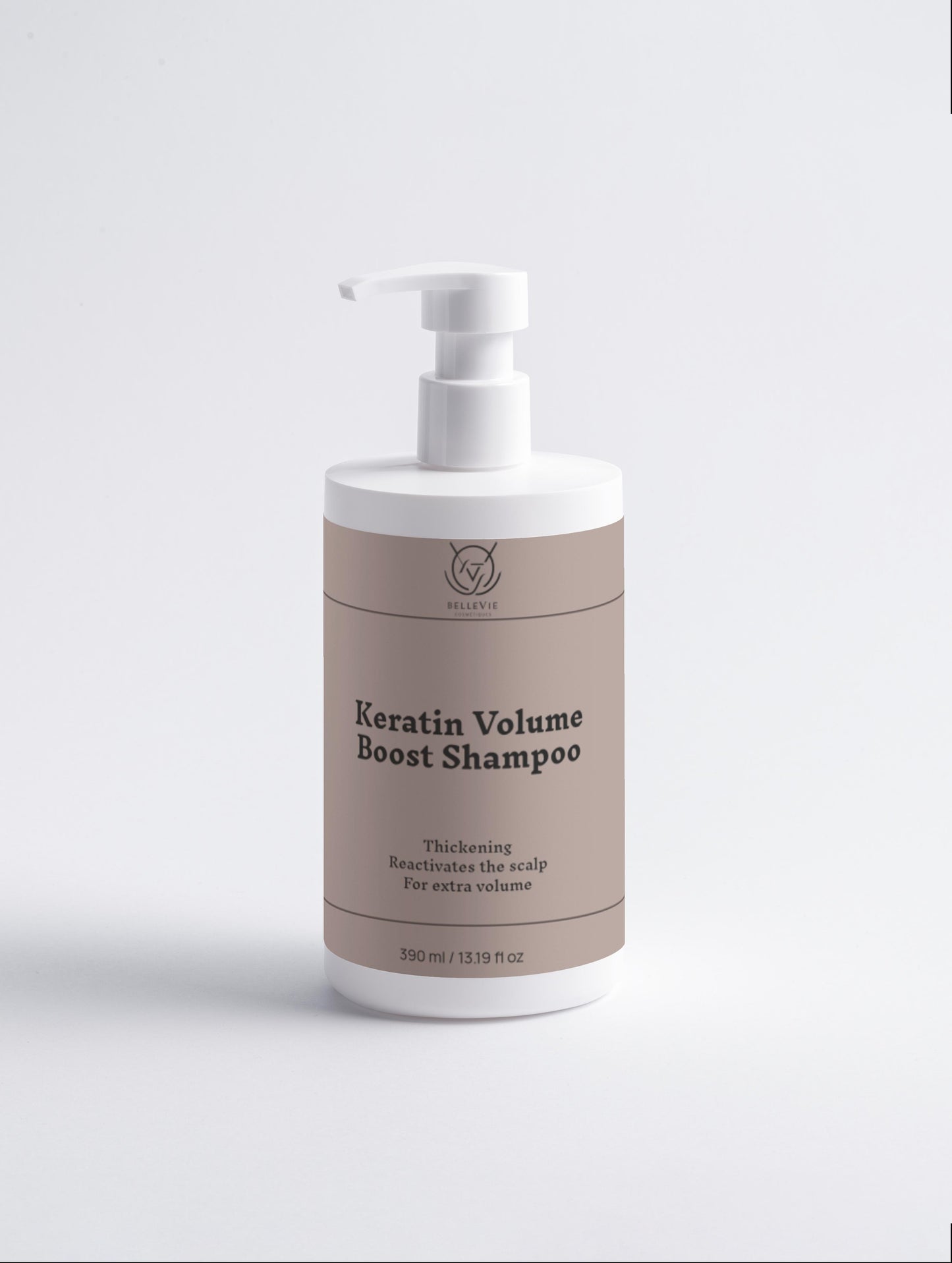 Keratin Volume Boost Shampoo bottle on a light gray background