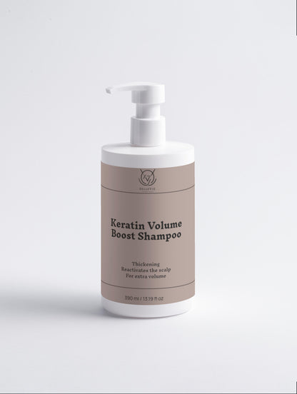 Keratin Volume Boost Shampoo bottle on a light gray background