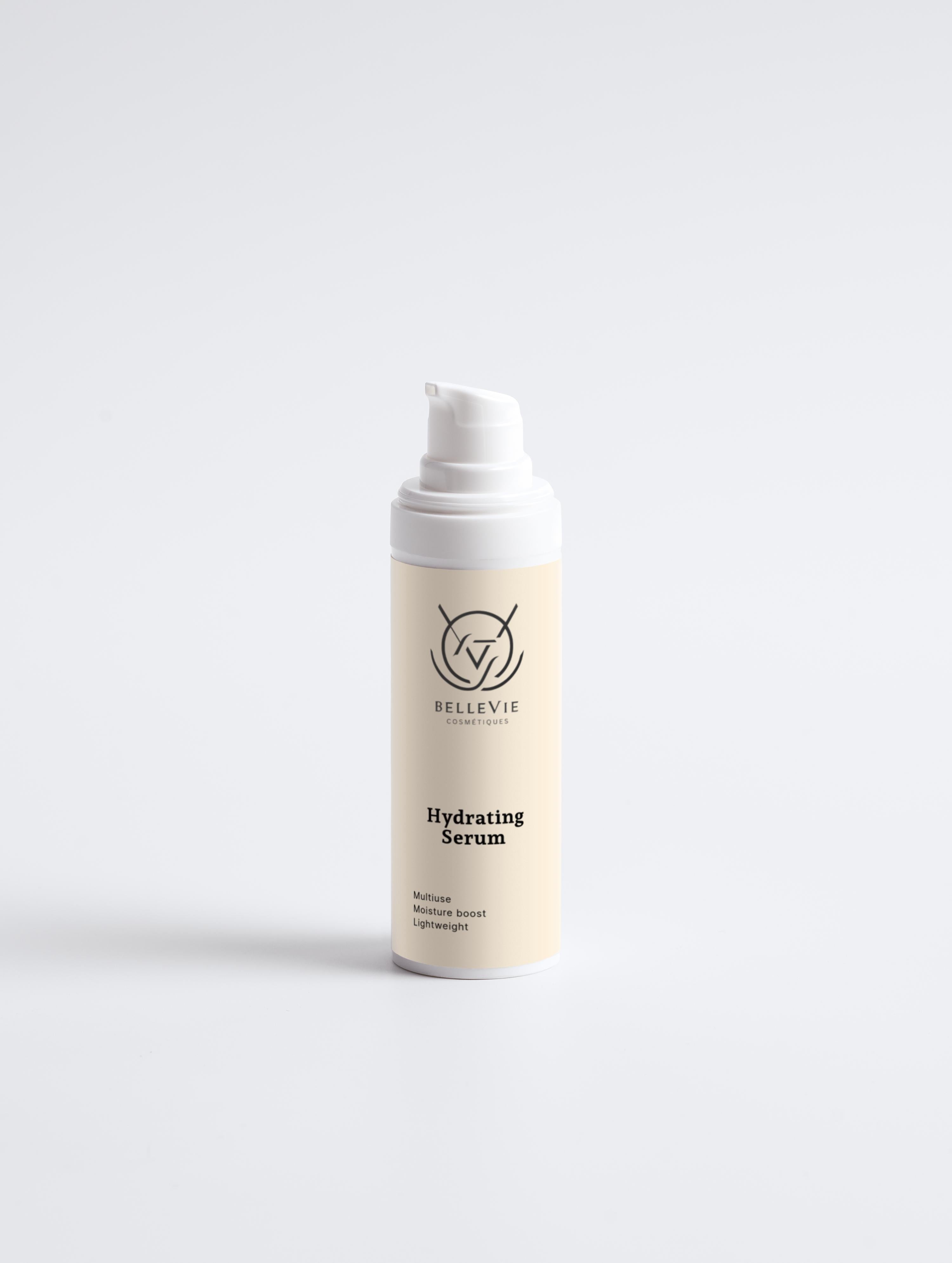 White serum bottle labeled 'Hydrating Serum' on a light gray background