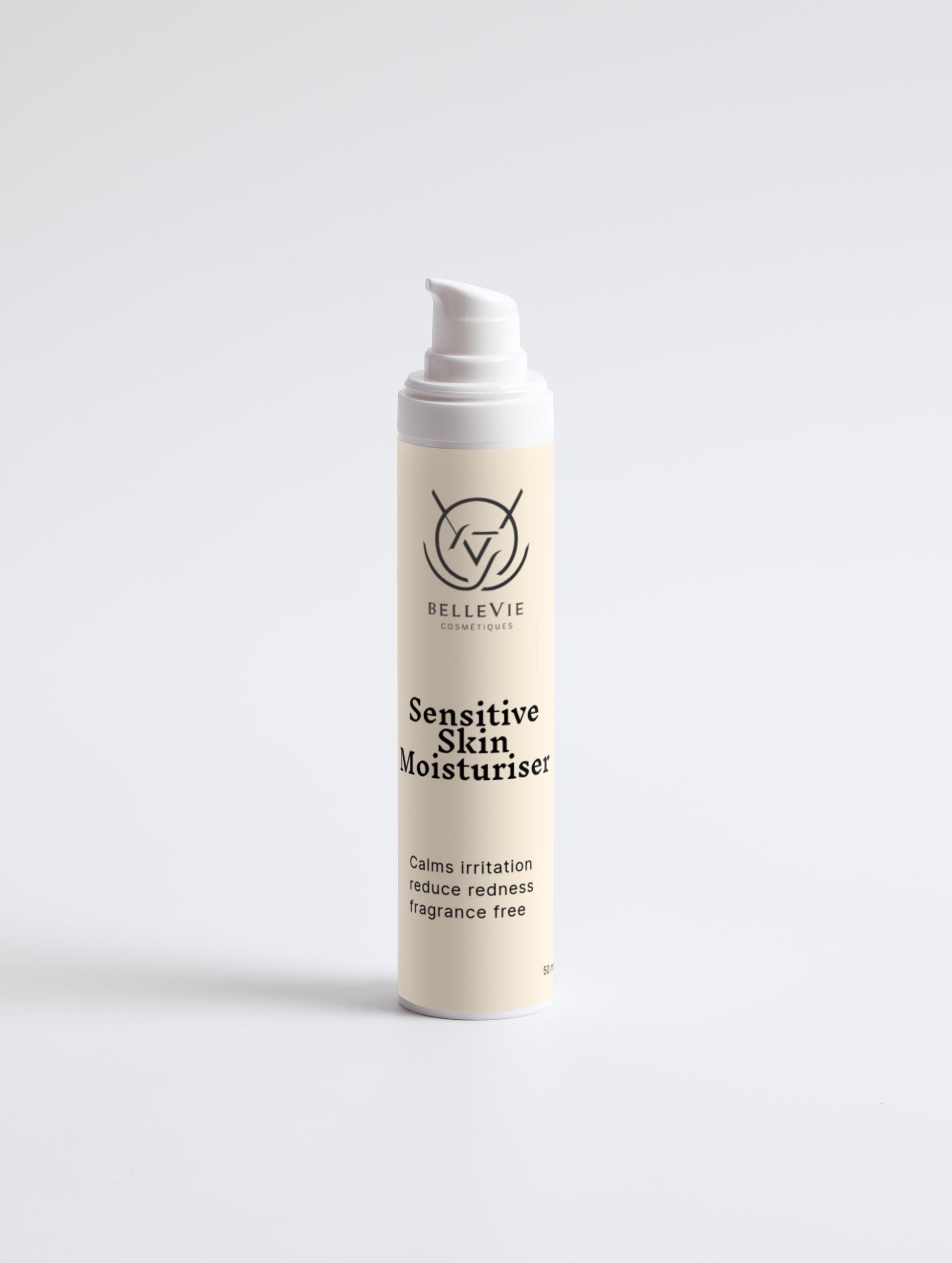 BelleVie Sensitive Skin Moisturiser 50ml on bathroom shelf

