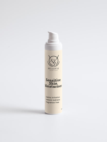 BelleVie Sensitive Skin Moisturiser 50ml on bathroom shelf
