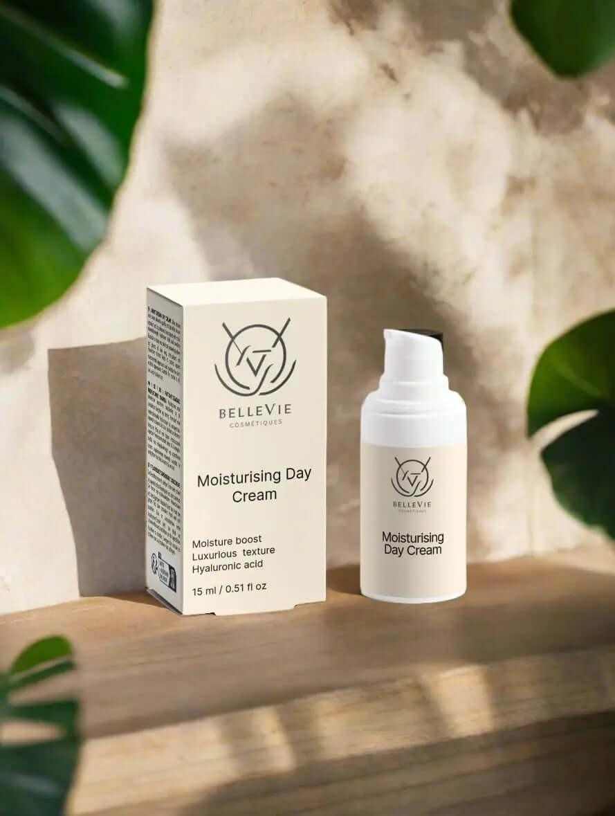 Moisturizing Cream 15ml box and pump bottle kept on the table with the background of white wall.