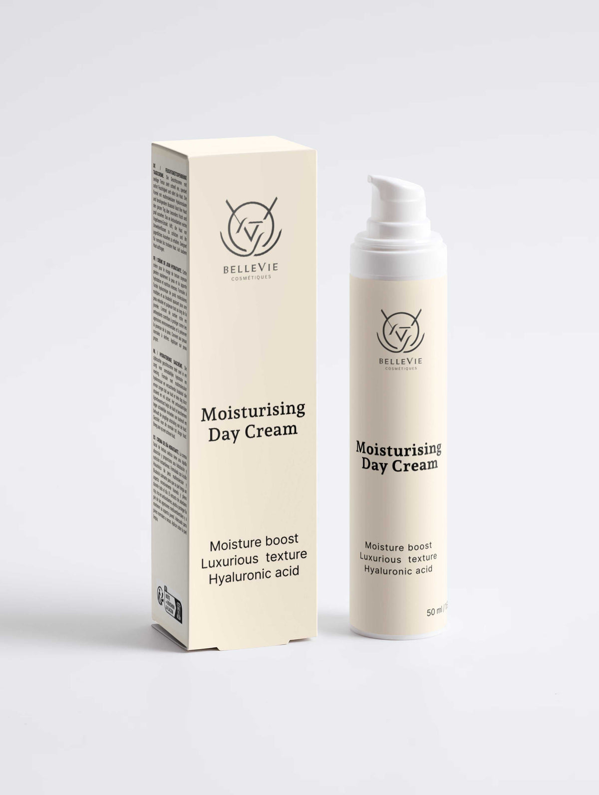 Moisturising Day Cream 50ml in a cream-coloured airless pump bottle with matching box and minimalist black text branding.