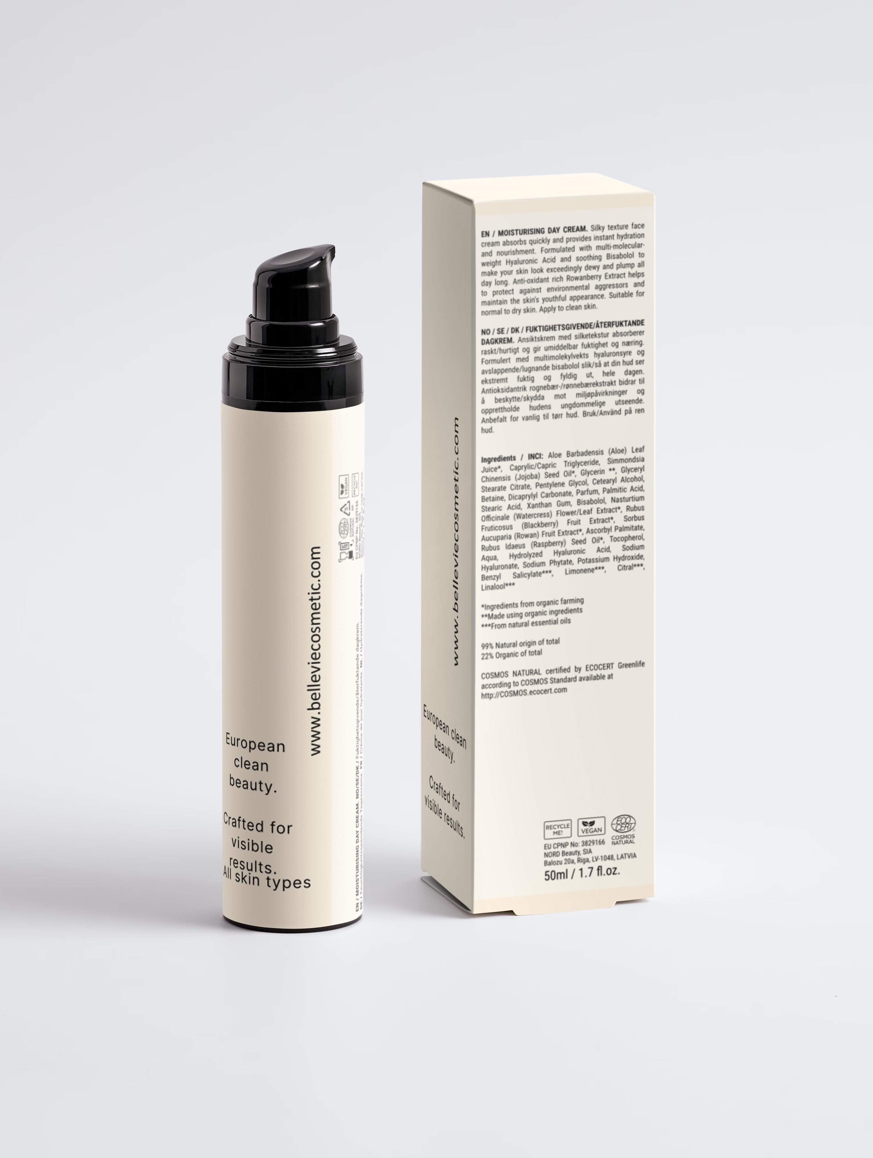 Moisturising Day Cream 50ml pump bottle and white box on white shelf with large tropical green leaves background, moisture boost, hyaluronic acid, best moisturizer for dry skin USA and UK