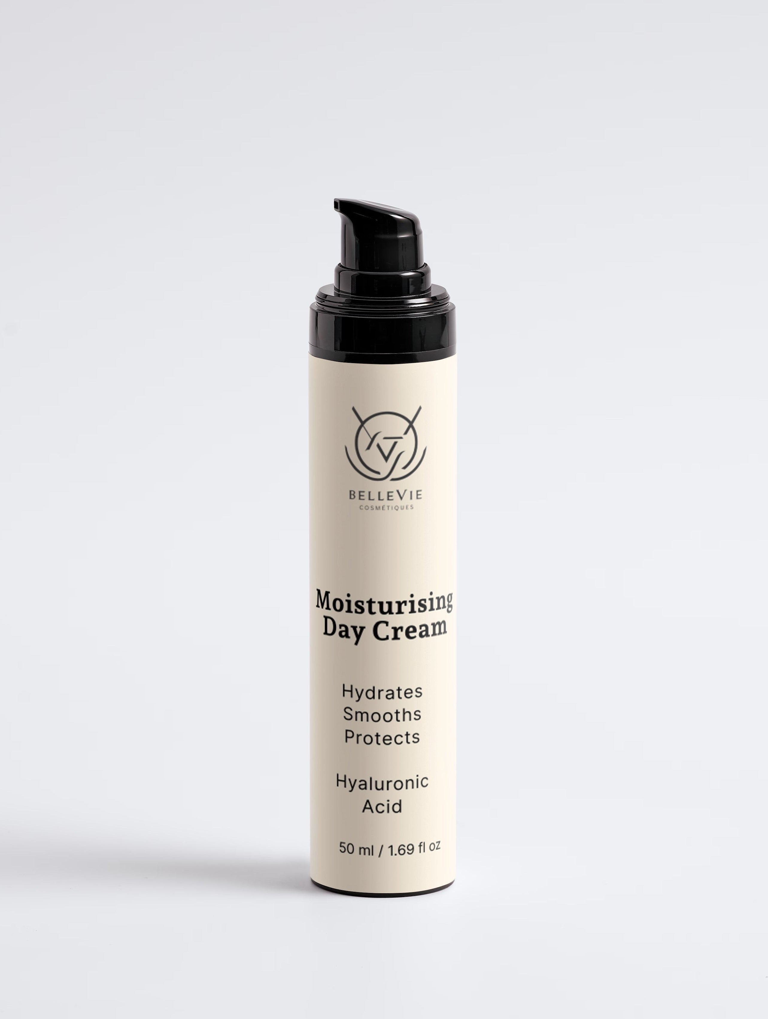 Moisturising Day Cream 50ml pump bottle close-up on light grey background, moisture boost, luxurious texture, hyaluronic acid, lightweight non-greasy daily moisturizer, 50ml / 1.69 fl oz