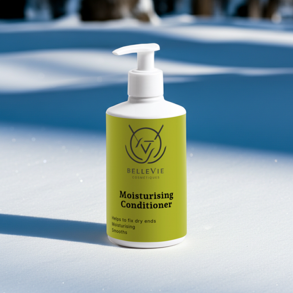 Moisturizing conditioner bottle with green label on a blue and white background