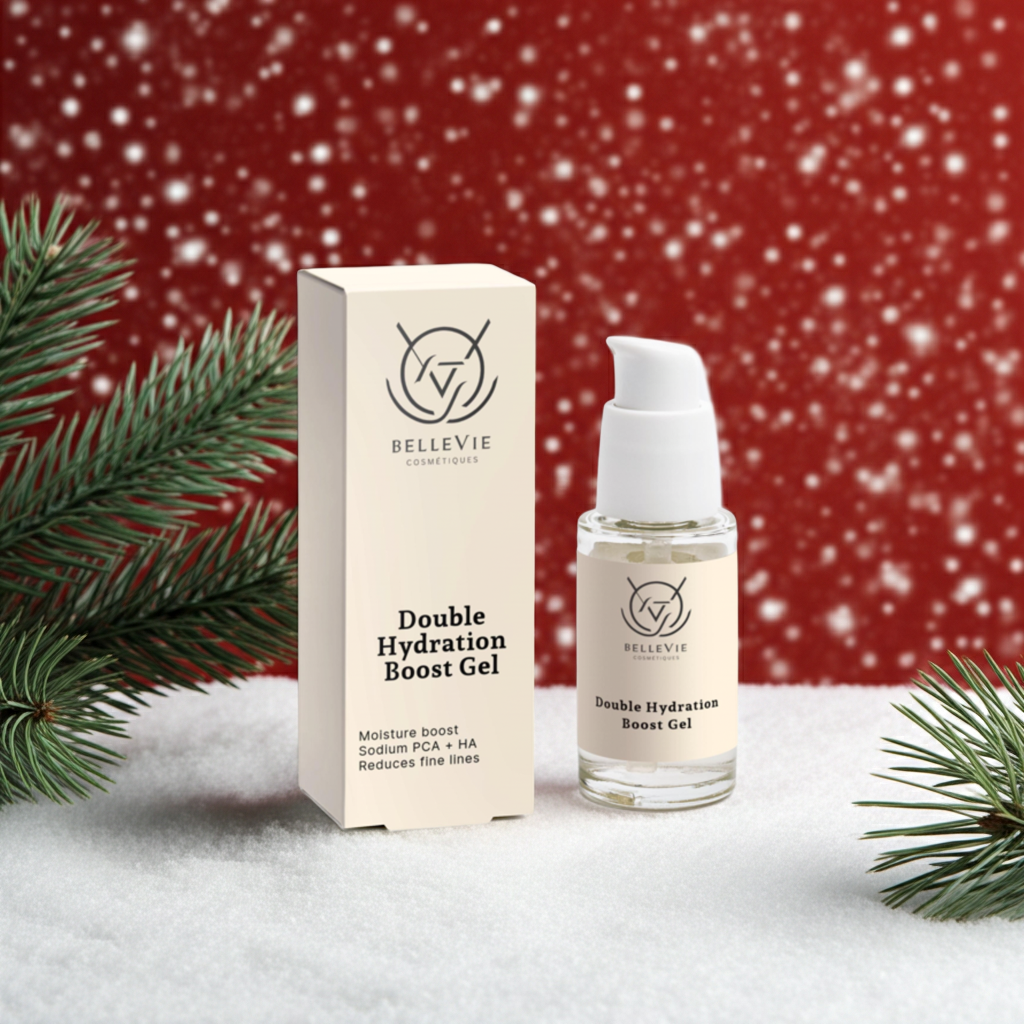 Bellevie Double Hydration Boost Gel packaging and bottle on a snowy background with Christmas tree branches.
