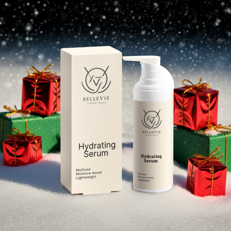Bellevie Hydrating Serum with packaging against a snowy background with gift boxes.