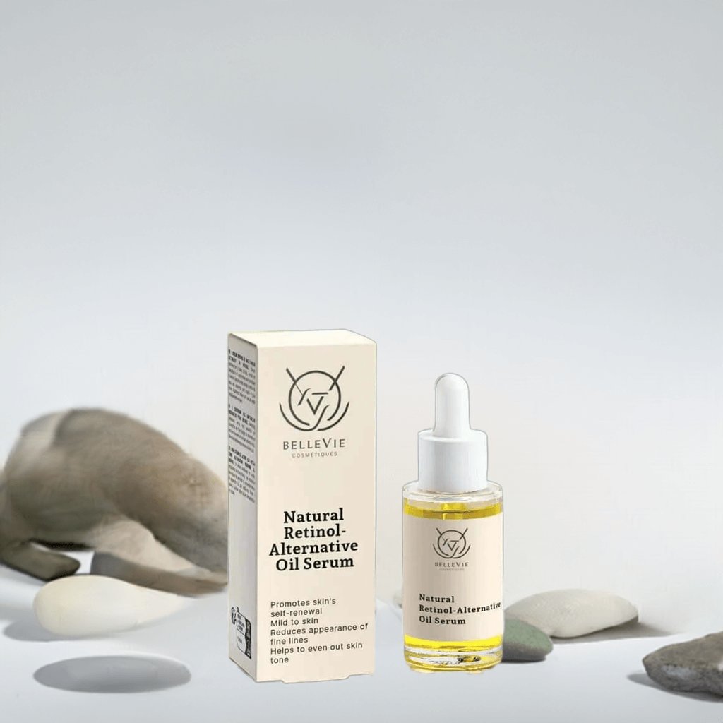 Bellevie Natural Retinol Alternative Oil Serum with packaging on a light gray background