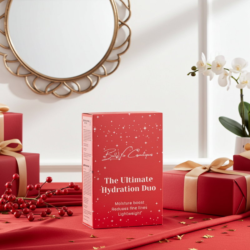 Red box labeled 'The Ultimate Hydration Duo' on a decorative table with background of gifts and flowers.