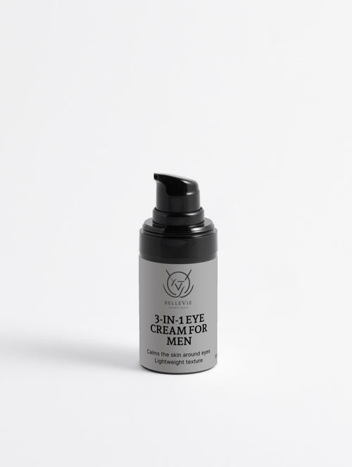 Skincare bottle labeled '3-in-1 Eye Cream for Men' on a white background